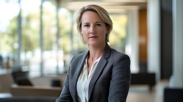 Businesswoman in office lobby, soft light, modern backdrop, conveying professionalism and focus