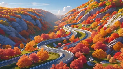 Curved Scenic Road with Dramatic Views Through Rolling Hills and Sunset Sky isolated on transparent. PNG.