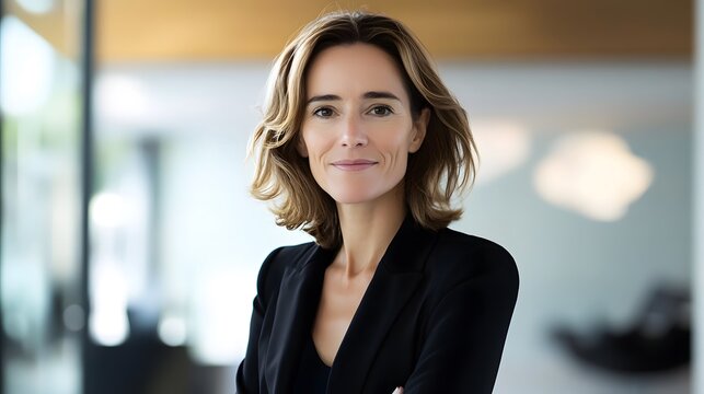Businesswoman in office lobby, soft light, modern backdrop, conveying professionalism and focus