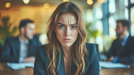 Stressed woman in business suit sitting at desk during office drama with colleagues arguing in the background creating tense atmosphere