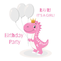 Character, cute dinosaur, dino, baby girl in pink color with golden crown, balls, on white background, lettering, isolated vector illustration
