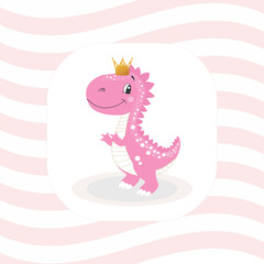 Character, cute dinosaur, dino, baby girl in pink color with golden crown on striped background, isolated vector illustration
