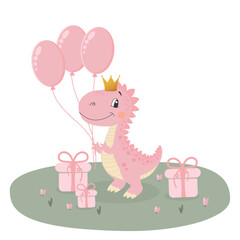 Character, cute dinosaur, dino, baby girl in pink color with golden crown, balloons and gifts, isolated vector illustration