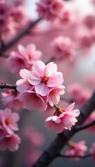 Obraz premium Delicate pink cherry blossoms on a tree, natural setting, ample copy space , japanese, park