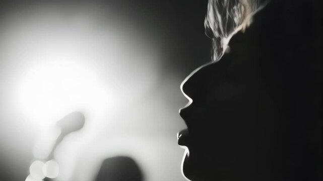 Silhouette of person smoking cigarette with rising smoke against bright background in black and white. Dramatic shadow profile for health warning or addiction concept