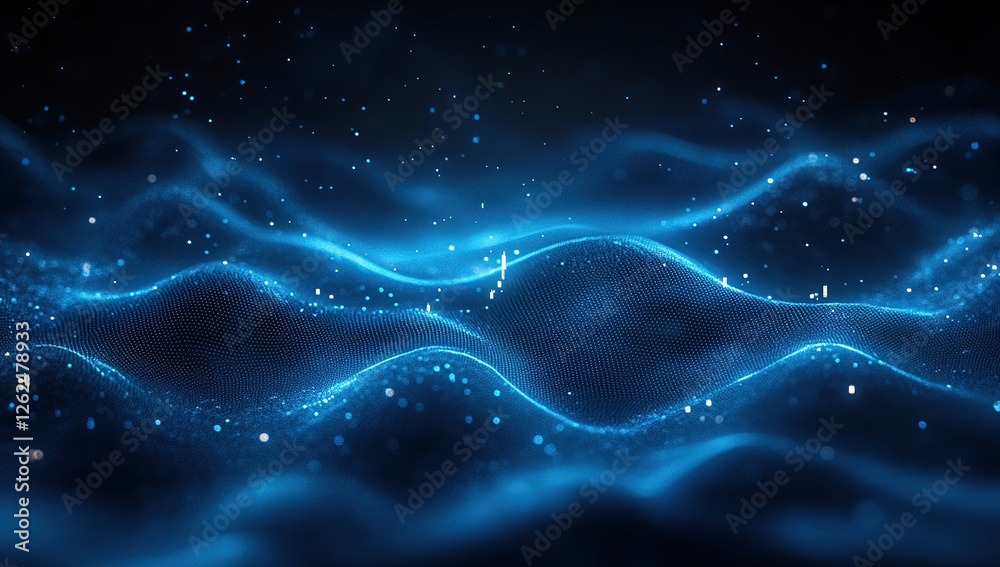 Poster abstract blue particle waves flowing dynamically across screen, creating a mesmerizing visual experi