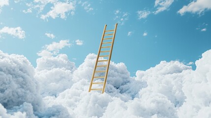Golden Ladder Reaching Towards Blue Sky Over Fluffy White Clouds
