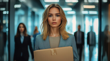 Young professional woman navigating a corporate hallway while carrying office supplies, creating a dramatic moment of tension