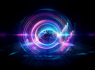 Obraz premium Vibrant globe encircled by glowing rings and data bars against a dark backdrop. Abstract digital technology design with neon lights and futuristic elements.