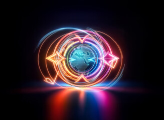 A glowing globe is encircled by bright, swirling lines and directional arrows, creating a dynamic and abstract design against a dark background.