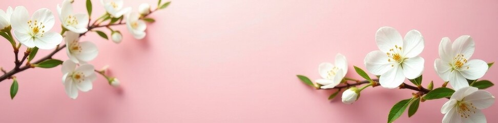 Obraz premium Delicate white blossoms, green leaves, pale pink backdrop, aesthetic, bloom