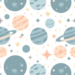 Celestial Patterns: A whimsical and enchanting illustration showcases a vibrant array of planets, stars, and celestial elements, creating a sense of wonder. 
