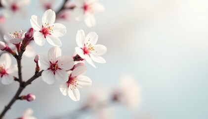 Delicate white cherry blossoms, soft light, pure white backdrop, wallpaper, floral design