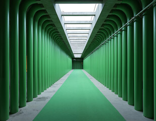 long corridor with green columns and skylight creates futuristic atmosphere