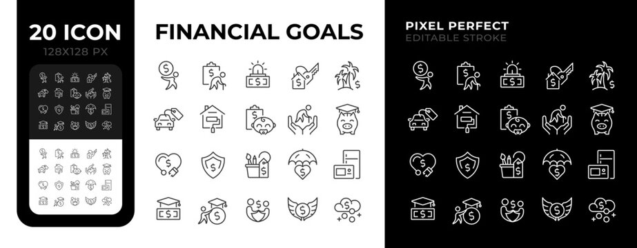Financial goals pixel perfect linear icons set for dark, light mode. Passive income, retirement. House renovation. Thin line symbols for night, day theme. Isolated illustrations. Editable stroke