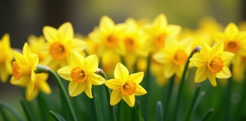 Obraz premium Dense cluster of daffodils, green stems visible, yellow, green