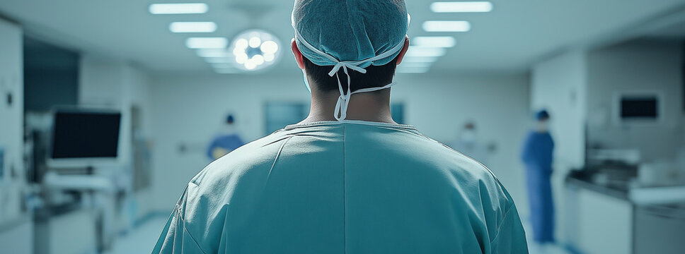Close up rear view of male surgeon wearing surgical mask in operating room at hospital.