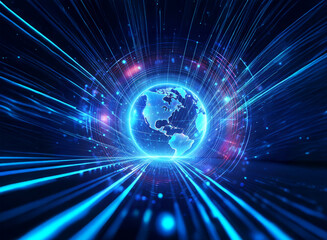 Obraz premium Glowing blue globe of Earth with radiating light streaks. A futuristic, technological concept of global connectivity and digital communication.