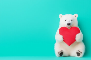Obraz premium Small white polar bear teddy hugging a large red velvet heart, super soft fur detail, embroidered paws, sitting pose, isolated on deep teal background