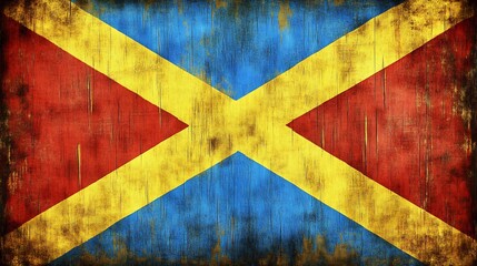 Grungy textured flag vibrant red yellow blue crosses. AI Generated