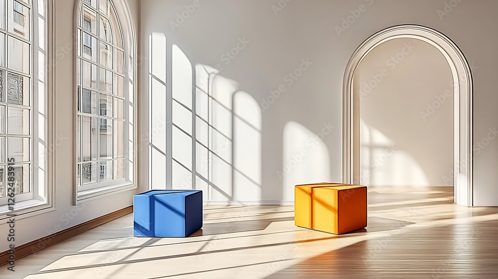 Sticker Bright sunlight illuminates blue and orange cubes in minimalist room. AI Generated