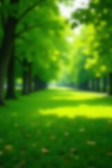 Fototapeta premium Dreamy blurred park scene, lush green foliage out of focus, nature, idyllic