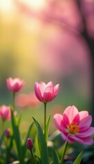 Obraz premium Blurred spring floral bokeh, asymmetrical spring bloom, image, wallpaper