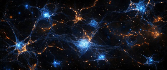 Glowing blue neural networks illustrate the vast interconnectedness of stars and galaxies in the cosmos