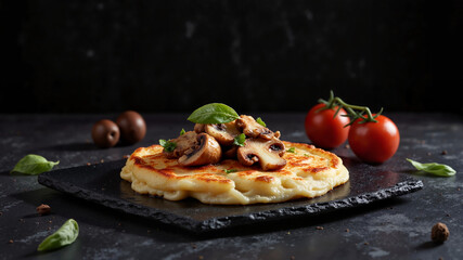 Savory pancakes with fried mushrooms for food photography, gourmet dishes, and restaurant menus