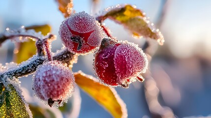 Fototapeta premium Frosted crabapples sunrise autumn branch