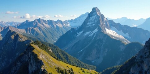 Drone view of majestic mountain peaks, rugged terrain, aerial, scenery, nature