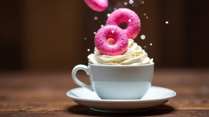 A cup of coffee, cocoa with whipped cream and flying pink donuts, doughnut