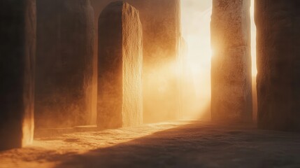 Sunrise close-up of light breaking through the central stones of Stonehenge, soft atmosphere