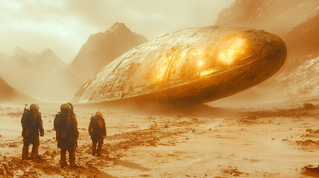 Alien spaceship crash site, explorers on desert planet