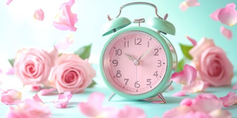Pink and green alarm clock with the time of 10:30