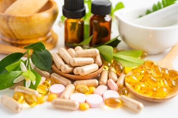 Alternative medicine herbal organic capsule, mineral, drug with herbs leaf natural supplements for...