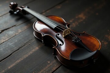 Fototapeta premium Elegant black violin on dark wood, intricate detail, sophisticated, classical, violin