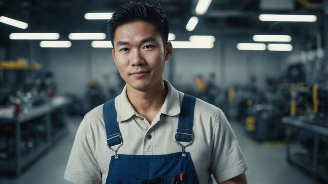 Confident 25-year-old East Asian male mechanic in clean overalls stands in modern automotive workshop with slight smile amid organized tool racks.