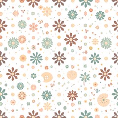 Floral Symphony Seamless Pattern: A delightful seamless pattern featuring an array of stylized flowers in muted pastel tones, interspersed with delicate butterflies and musical notes.