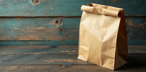 Fototapeta premium Empty recyclable paper bag on worn wooden surface, vintage, recyclable, rustic