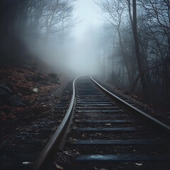 Obraz premium An abandoned train track disappearing into the fog, creating a haunting atmosphere.
