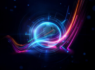 Abstract digital artwork with a glowing blue globe and vibrant flowing lines of orange, pink, blue on dark background. Evokes technology and connectivity.