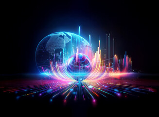 Vibrant lights emanate from a glowing globe, forming trails and bar graphs against a dark backdrop. Digital energy pulses from a central sphere, radiating outwards with colorful streams.