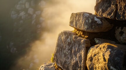 Naklejka premium Sunrise close-up on Machu Picchu ancient stones, soft fog in the background, golden hour glow