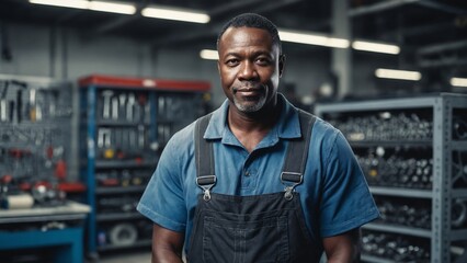 Confident middle-aged Black male mechanic in clean overalls stands in modern automotive workshop with slight smile amid organized tool racks.