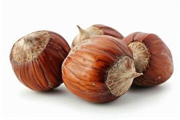 Close-up of hazelnuts on solid white background. Artificial intelligence image