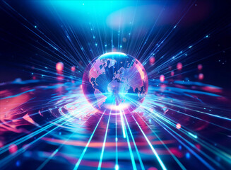 Glowing globe with continents is encircled by radiant blue and red streaks of light.  A vibrant and abstract representation of digital connectivity.