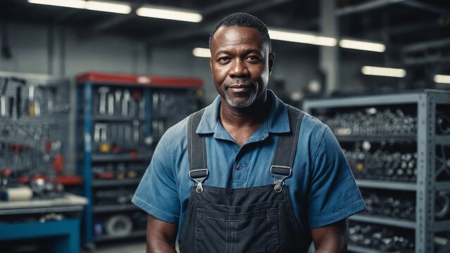 Confident middle-aged Black male mechanic in clean overalls stands in modern automotive workshop with slight smile amid organized tool racks.