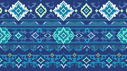 Blue and Green Geometric Pattern: A vibrant and intricate geometric pattern in shades of blue, green, and white. The design features a repeating motif of diamonds, squares, and triangles.