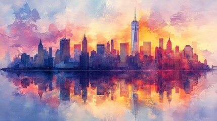 New York City skyline reflected on a watercolor background, captured in a digital art painting for a vibrant urban scene.